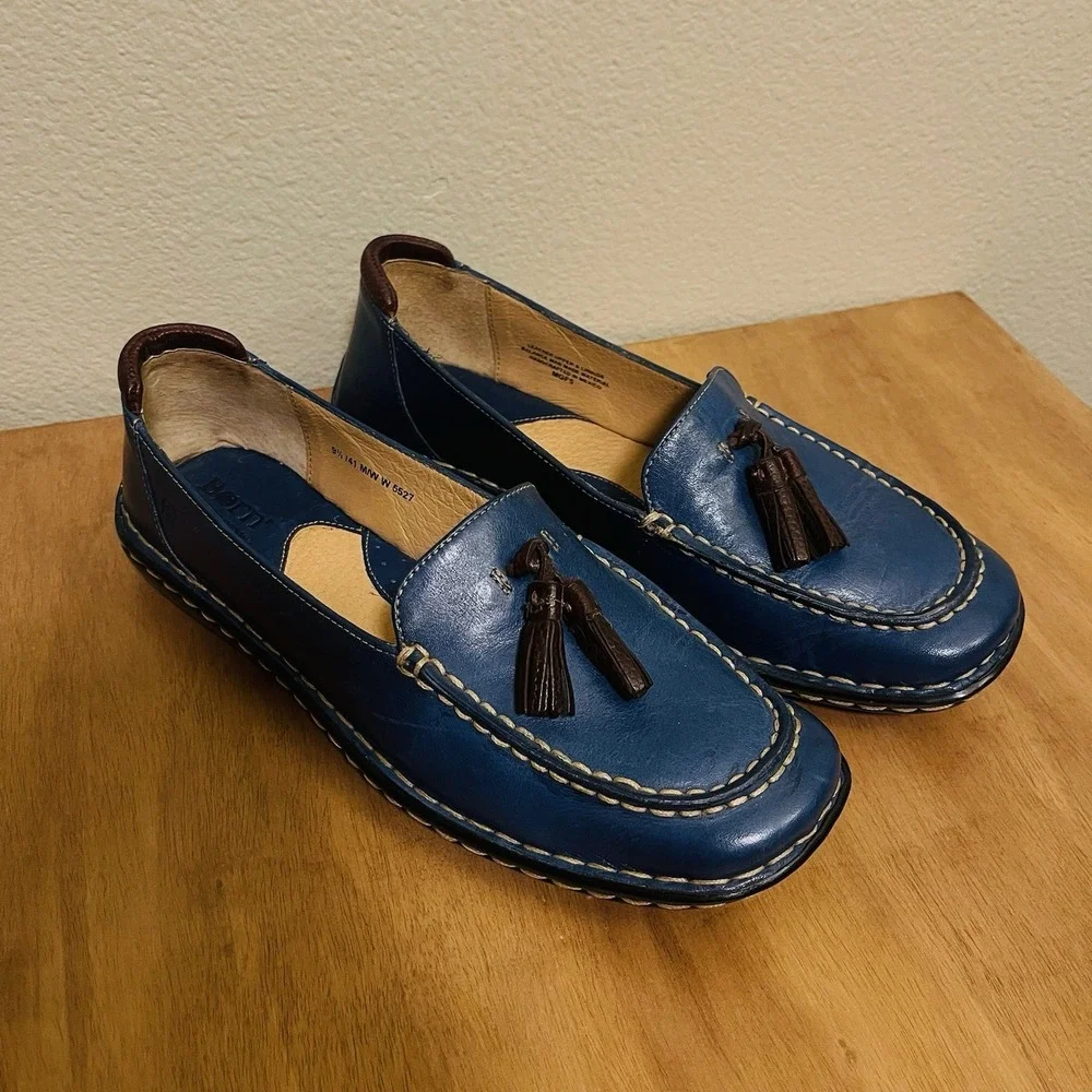 Born Handcrafted Leather Tassel Loafers Blue Brown‎ Nautical Men's Size 9.5 EUC